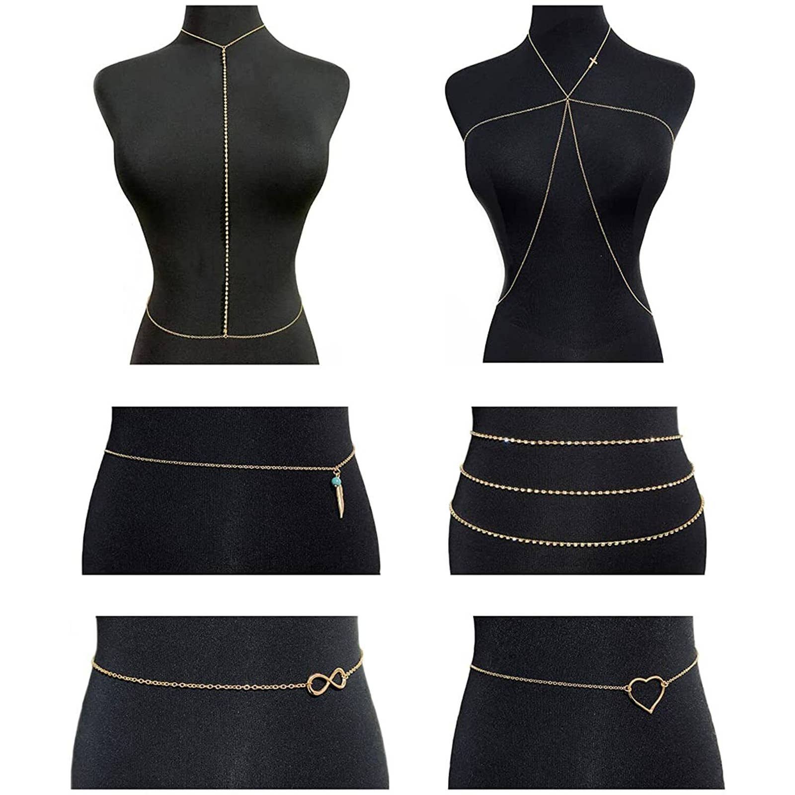 6 Pcs Belly Waist Chain Multi-Layer Butterfly Waist Chain Body Chest Chain Body